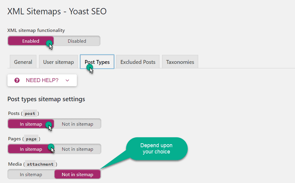 past type sitemap setting in yoast