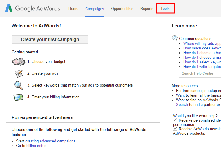 tool option in adword