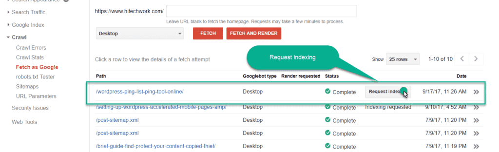 request indexing by fetch as google in Google webmaster tool