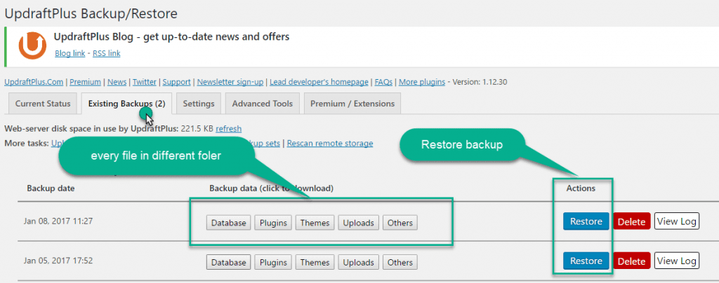 Restore Backup in updraft plugin