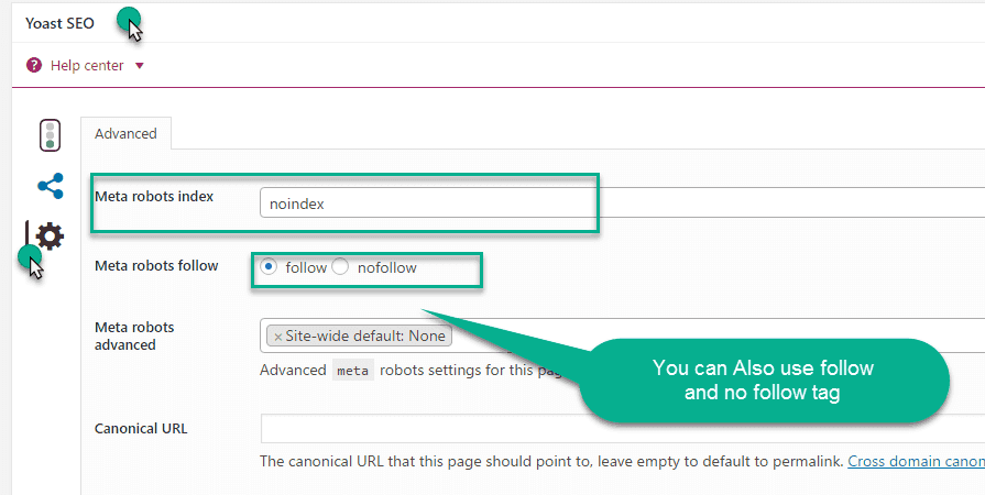 noindex meta tag option in yoast seo