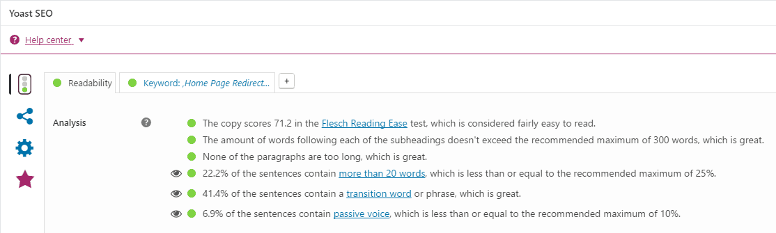 Yoast Plugin all green light in Content analysis tab