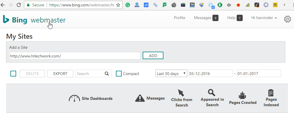 add site in bing webmaster tool