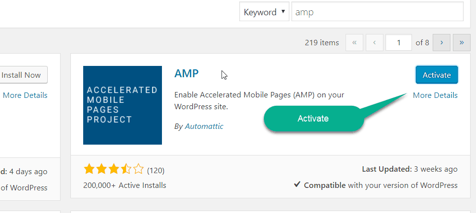 activate AMP plugin on wordpress 