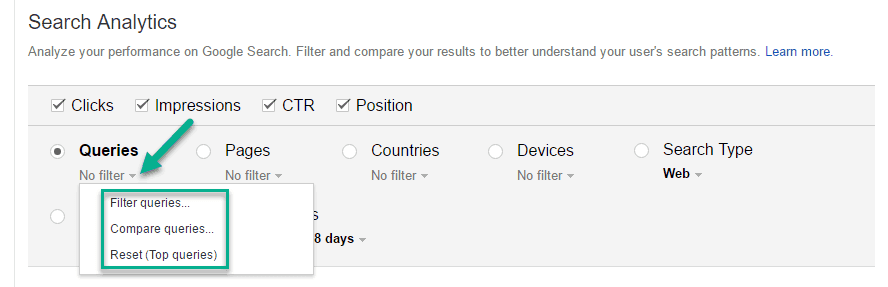 Filter the queries option under search analytic