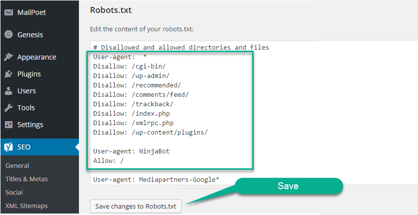 Copy and past robots file here in wrodpress