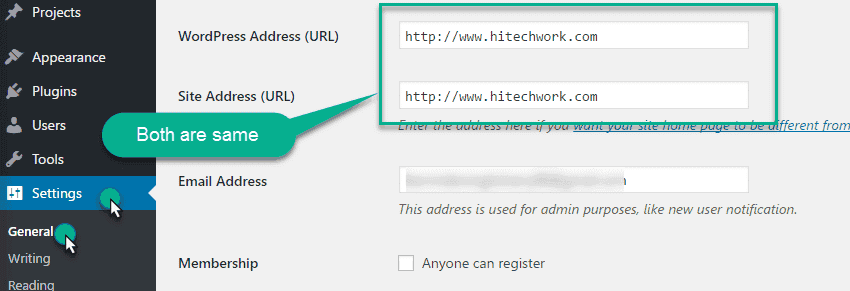 wordpress address settng