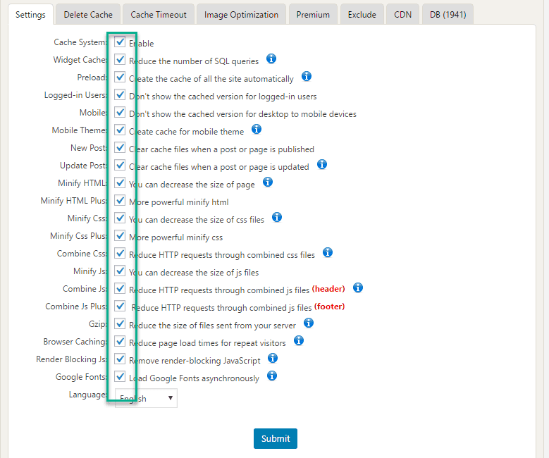 select all option in the wp faster plugin