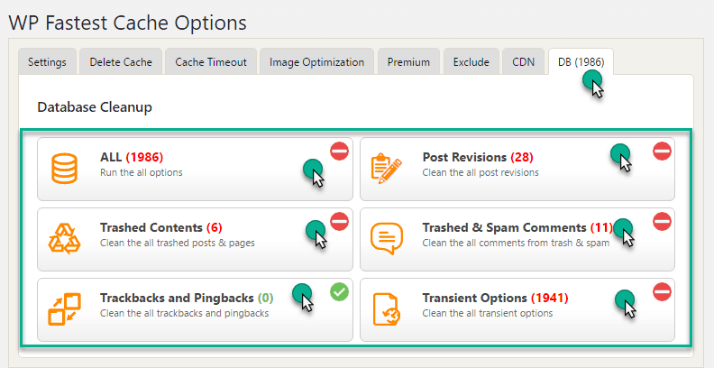 wp faster cache plugin clean DB