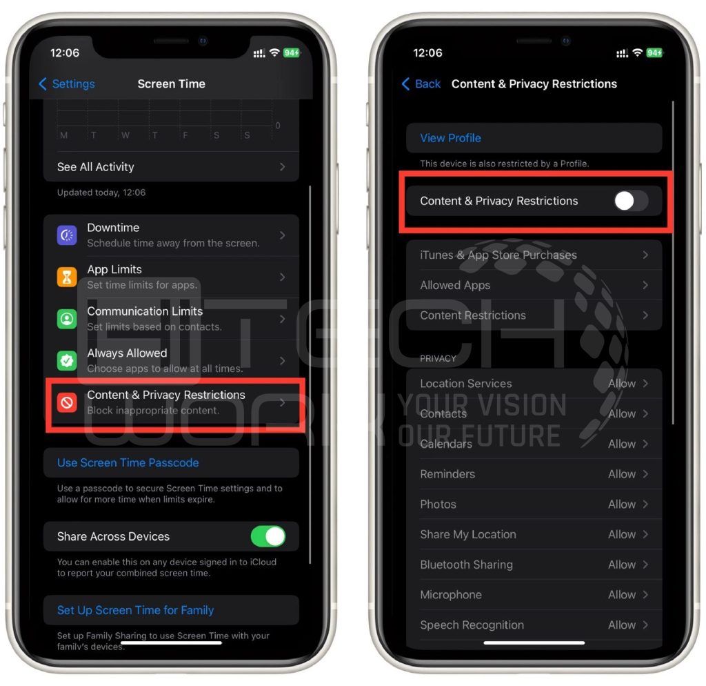 Step 3 & 4: Tap content & privacy restrictions and activate it