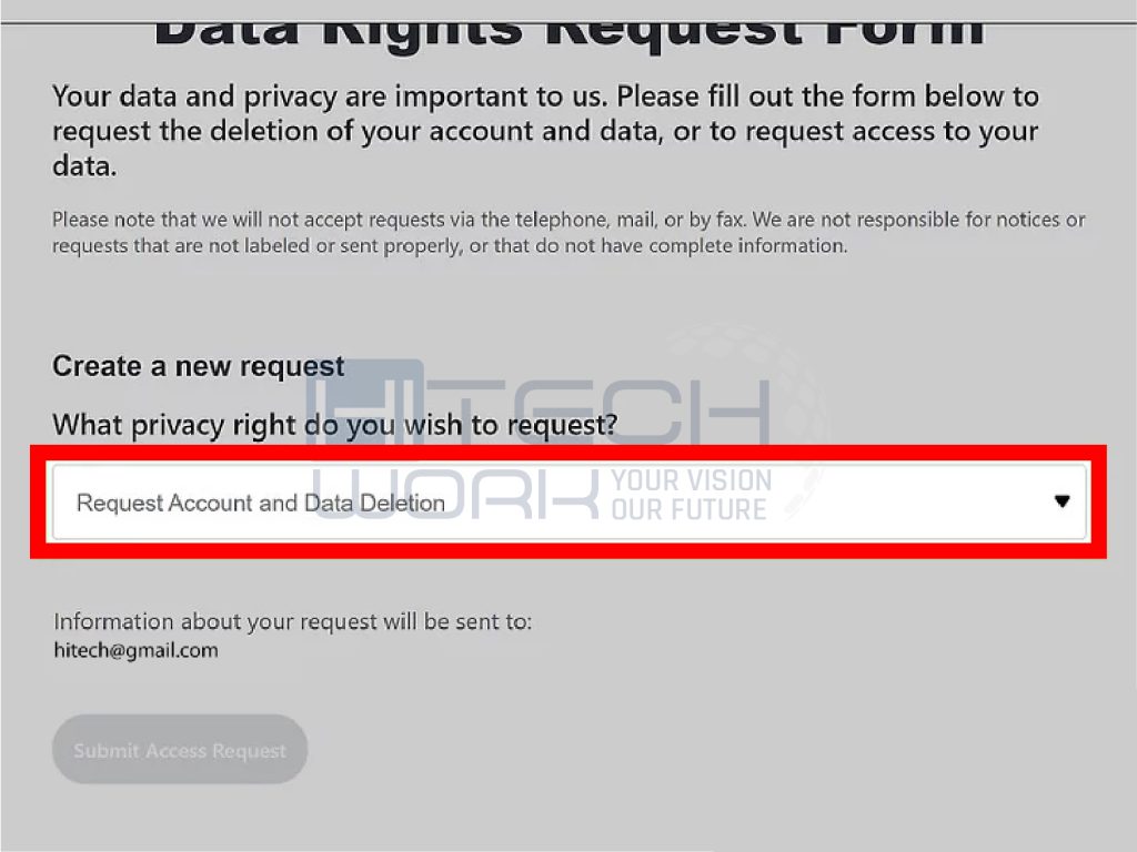 Select Request Account and Data Deletion