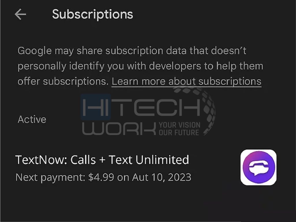 Tap the TextNow subscription