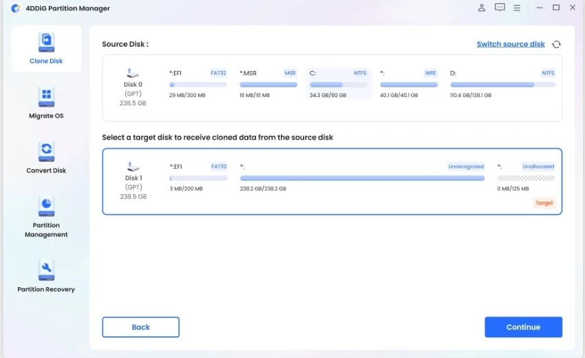 Choose the target disk