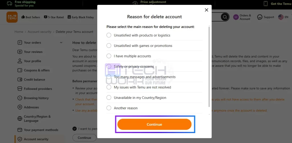 Select a reason why you want to delete your Temu account